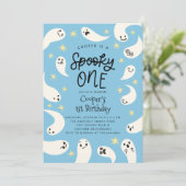 Spooky ONE Halloween Blue Ghost Geburtstag Einladung (Stehend Vorderseite)
