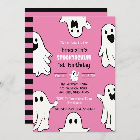 Spooky One Pink Ghost Birthday Einladung (Vorne/Hinten)