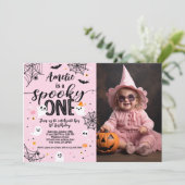 Spooky One Pink Ghost Halloween Invite with Photo Einladung (Stehend Vorderseite)