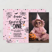 Spooky One Pink Ghost Halloween Invite with Photo Einladung (Vorne/Hinten)
