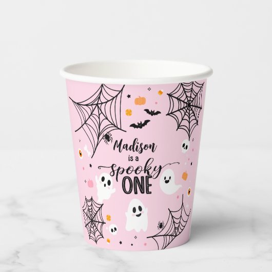 Spooky One Pink Halloween Ghost Pappbecher (Rückseite)