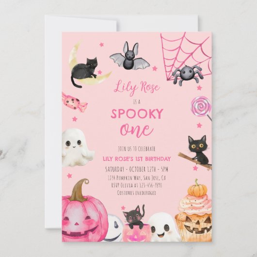 Spooky One Pink Halloween Niedlich Ghost 1. Geburt Einladung (Vorderseite)