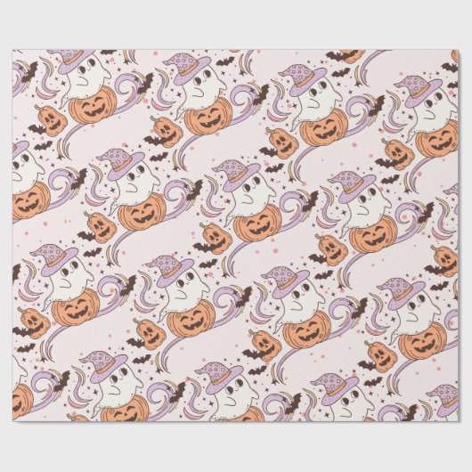 Spooky One Retro Ghost & Pumpkin Pink Halloween Geschenkpapier (Flach)