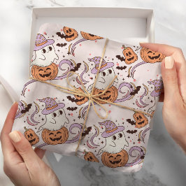 Spooky One Retro Ghost & Pumpkin Pink Halloween Geschenkpapier