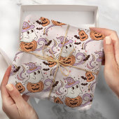 Spooky One Retro Ghost & Pumpkin Pink Halloween Geschenkpapier