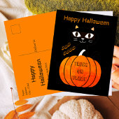Spooky Orange Black Cat Trick oder Treat Halloween Postkarte