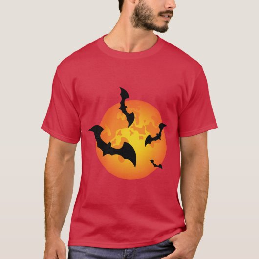 Spooky Orange Halloween Full Moon Bats T-Shirt (Vorderseite)