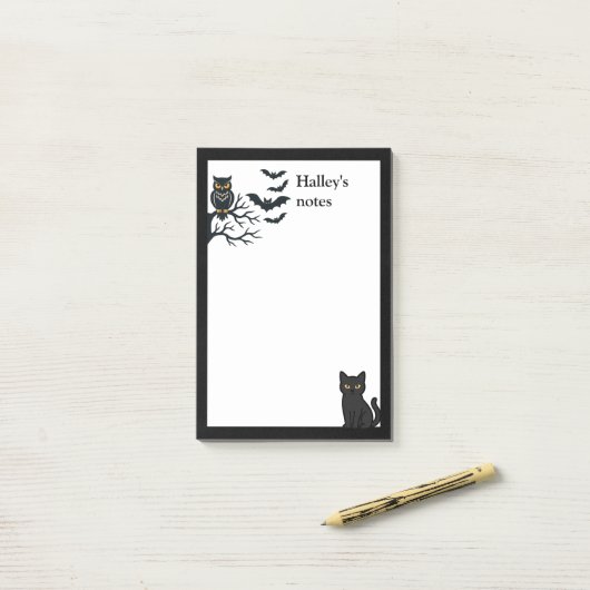 Spooky owl, bats and black cat post-it klebezettel (Auf Schreibtisch)