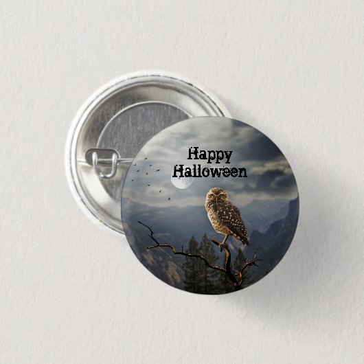 Spooky Owl Moon Graphic Halloween Button (Vorne & Hinten)