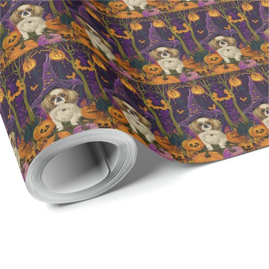 Spooky Pekingese Hund Halloween Hexe und Pumpkin Geschenkpapier (Rolleneckpunkt)