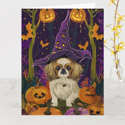 Spooky Pekingese Hund Halloween Hexe und Pumpkin Karte (Gelbe Blume)