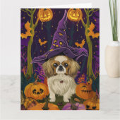 Spooky Pekingese Hund Halloween Hexe und Pumpkin Karte (Vorderseite)