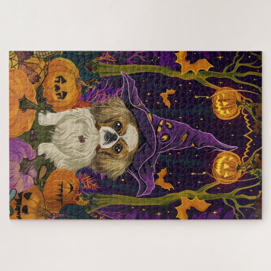 Spooky Pekingese Hund Halloween Hexe und Pumpkin Puzzle (Horizontal)