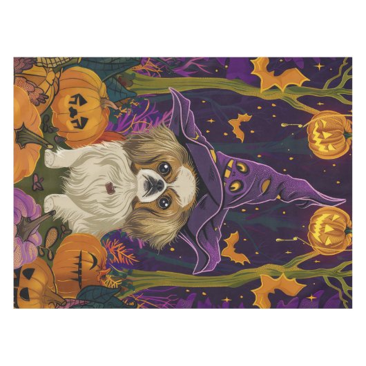 Spooky Pekingese Hund Halloween Hexe und Pumpkin Tischdecke (Vorderseite (Horizontal))