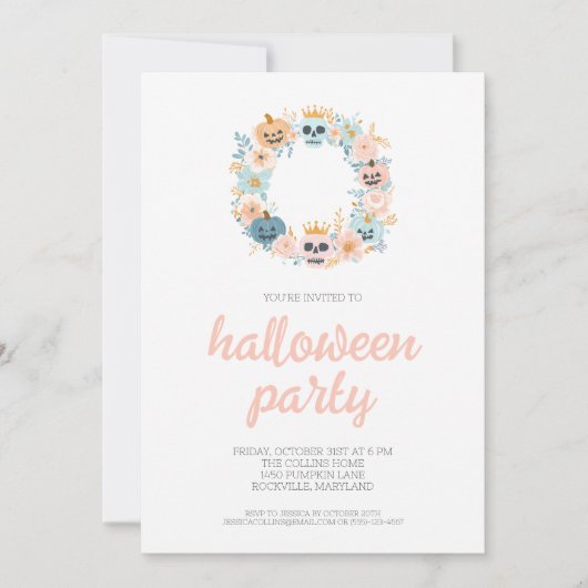 Spooky Pink Skull Floral Wreath Halloween-Party Einladung (Vorderseite)