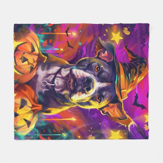 Spooky Pitbull Halloween Hexe und Pumpkin Fleecedecke (Vorderseite (Horizontal))