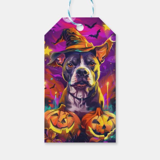 Spooky Pitbull Halloween Hexe und Pumpkin Geschenkanhänger (Vorderseite)