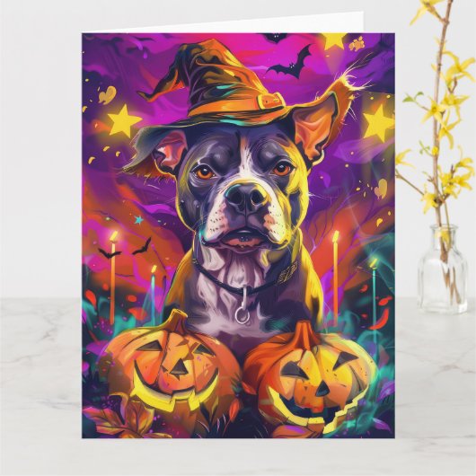 Spooky Pitbull Halloween Hexe und Pumpkin Karte (Gelbe Blume)
