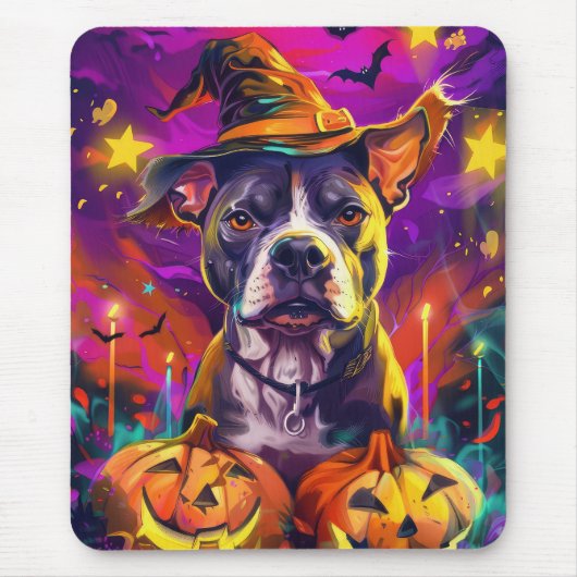 Spooky Pitbull Halloween Hexe und Pumpkin Mousepad (Vorne)