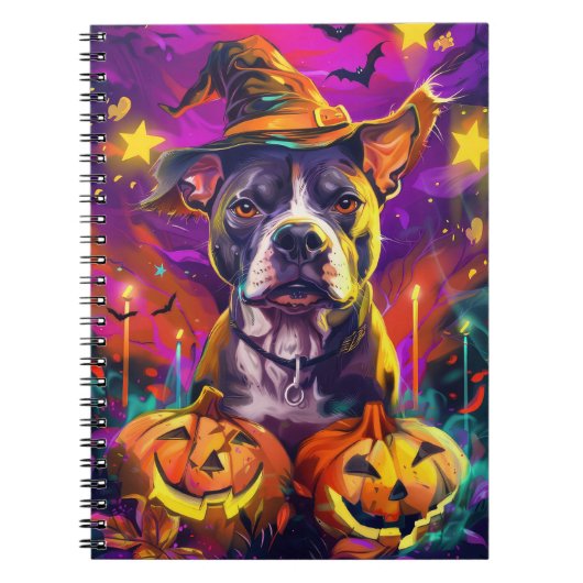Spooky Pitbull Halloween Hexe und Pumpkin Notizblock (Vorderseite)