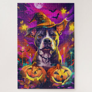Spooky Pitbull Halloween Hexe und Pumpkin Puzzle