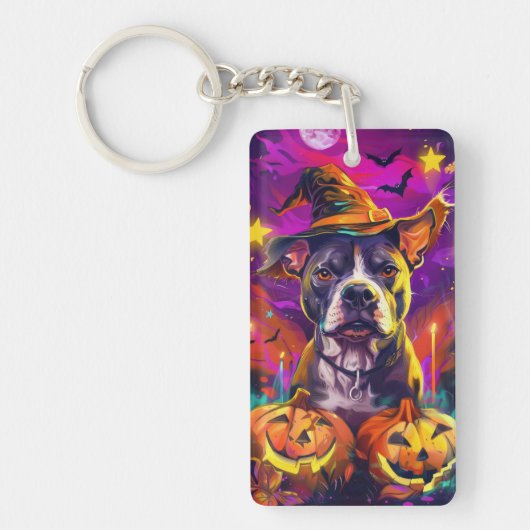Spooky Pitbull Halloween Hexe und Pumpkin Schlüsselanhänger (Vorderseite)