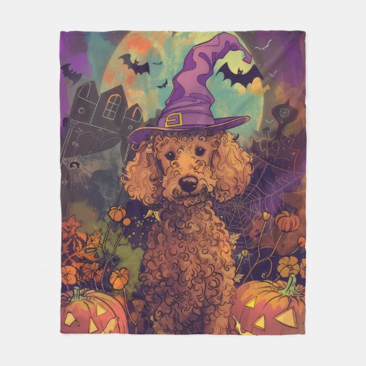 Spooky Poodle Hund Halloween Hexe und Kürbis Fleecedecke (Vorderseite)