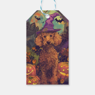 Spooky Poodle Hund Halloween Hexe und Kürbis Geschenkanhänger