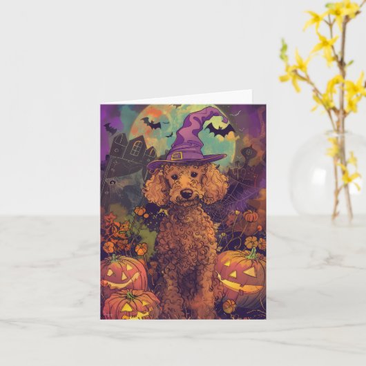Spooky Poodle Hund Halloween Hexe und Kürbis Karte (Gelbe Blume)