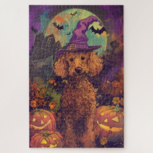Spooky Poodle Hund Halloween Hexe und Kürbis Puzzle (Vertikal)