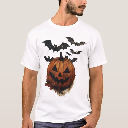 Spooky Pumpkin & Bats Halloween Art T-Shirt (Vorderseite)