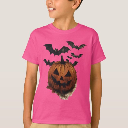 Spooky Pumpkin & Bats Halloween Art T-Shirt (Vorderseite)