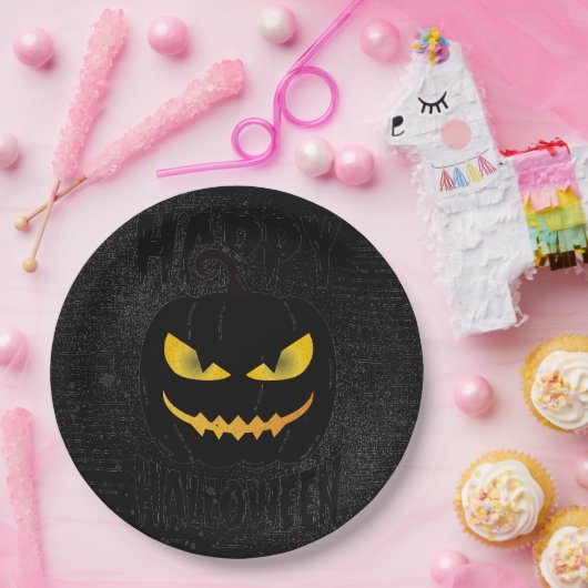 Spooky Pumpkin Black Halloween-Party Pappteller (Party)