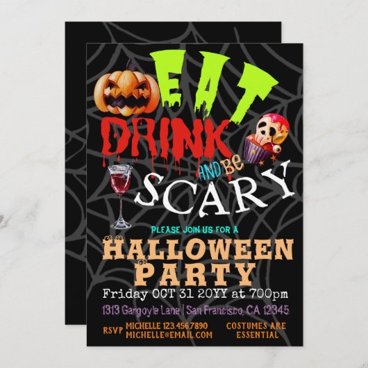 Spooky Pumpkin essen Drink & sein Beängstigend Hal Einladung (Vorne/Hinten)