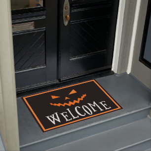 Spooky Pumpkin Gesicht Orangefarbenes Schwarzes Ha Fußmatte