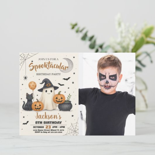 Spooky Pumpkin & Ghost Party Einladung für Kinder (Stehend Vorderseite)
