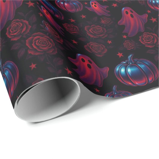 Spooky Pumpkin Ghost Pattern Wrapping Paper Geschenkpapier (Rolleneckpunkt)