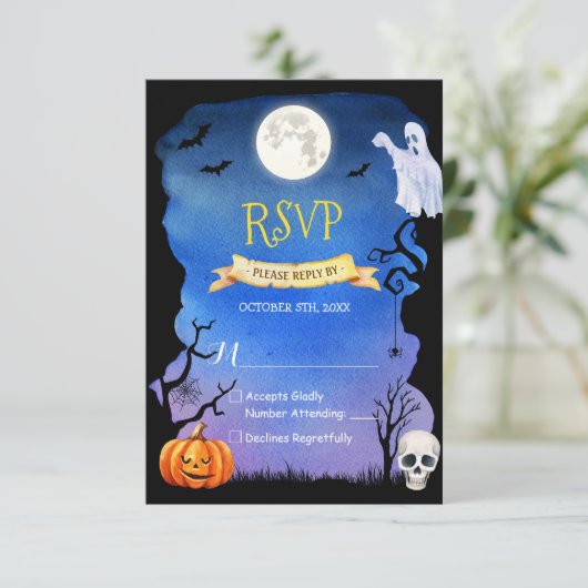 Spooky Pumpkin Ghost Skull Halloween UAWG RSVP Karte (Stehend Vorderseite)
