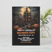 Spooky Pumpkin Halloween mit Spuk Haus und Mond Einladung (Stehend Vorderseite)