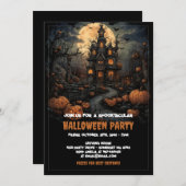 Spooky Pumpkin Halloween mit Spuk Haus und Mond Einladung (Vorne/Hinten)