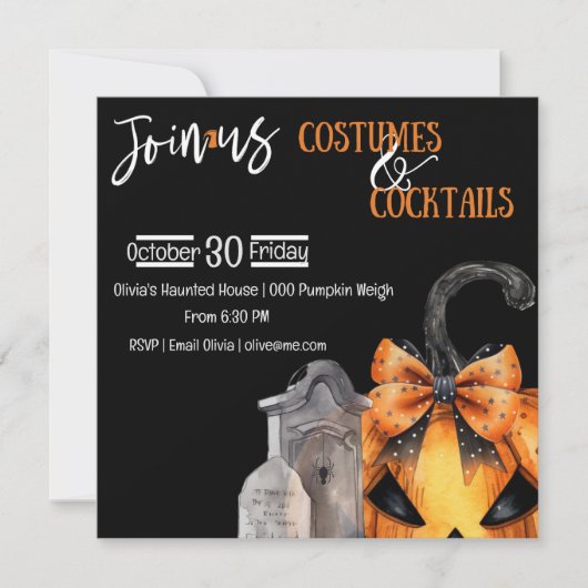 Spooky Pumpkin mit Bow versteckt sich hinter Grabs Einladung (Vorderseite)