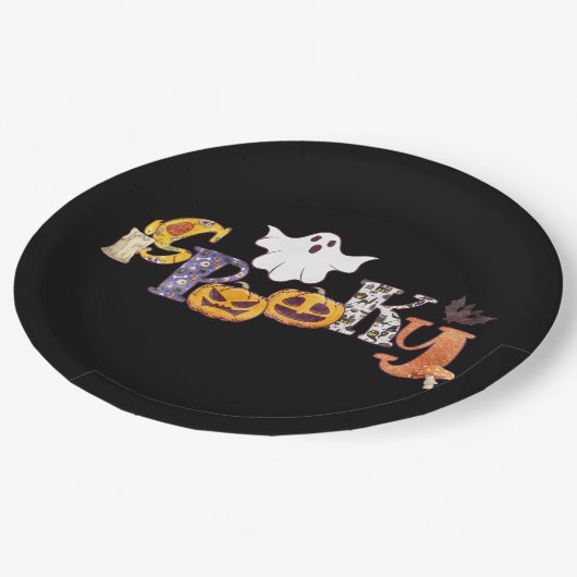 Spooky Pumpkin Mushroom Ghost Bat Halloween Pappteller (Schrägansicht)