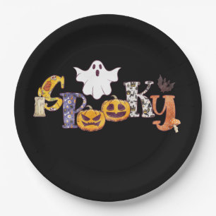 Spooky Pumpkin Mushroom Ghost Bat Halloween Pappteller