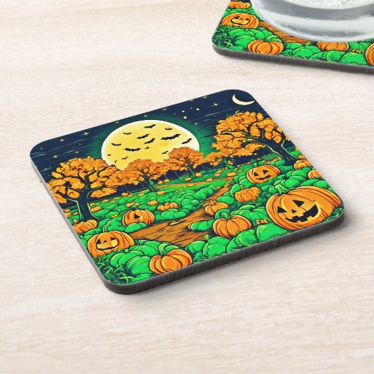 Spooky Pumpkin Patch: Cartoon Night Getränkeuntersetzer (Linke Seite)