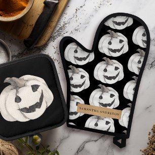 Spooky Pumpkin Pattern Frohe Halloween Ofenhandschuh & Topflappen-Set