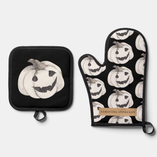 Spooky Pumpkin Pattern | Frohe Halloween Ofenhandschuh & Topflappen-Set (Vorderseite)