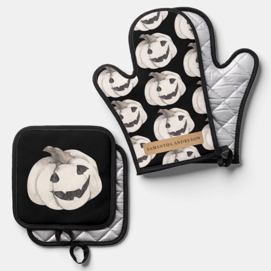 Spooky Pumpkin Pattern | Frohe Halloween Ofenhandschuh & Topflappen-Set (Vorderseite/Rückseite)