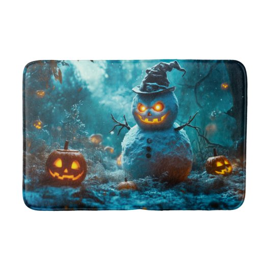 Spooky Pumpkin und Snowman, Forest Halloween Scene Badematte (Vorderseite)