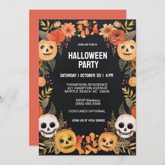 Spooky Pumpkins Skulls Halloween-Party Einladung (Vorne/Hinten)