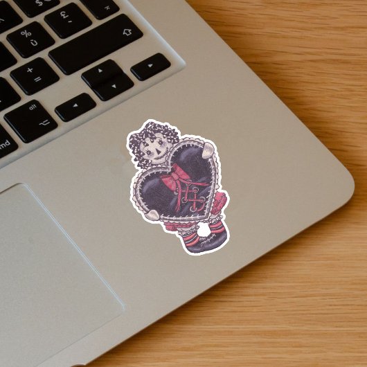 Spooky Rag Doll Yarn Hair Big Black Heart Red Bow Aufkleber